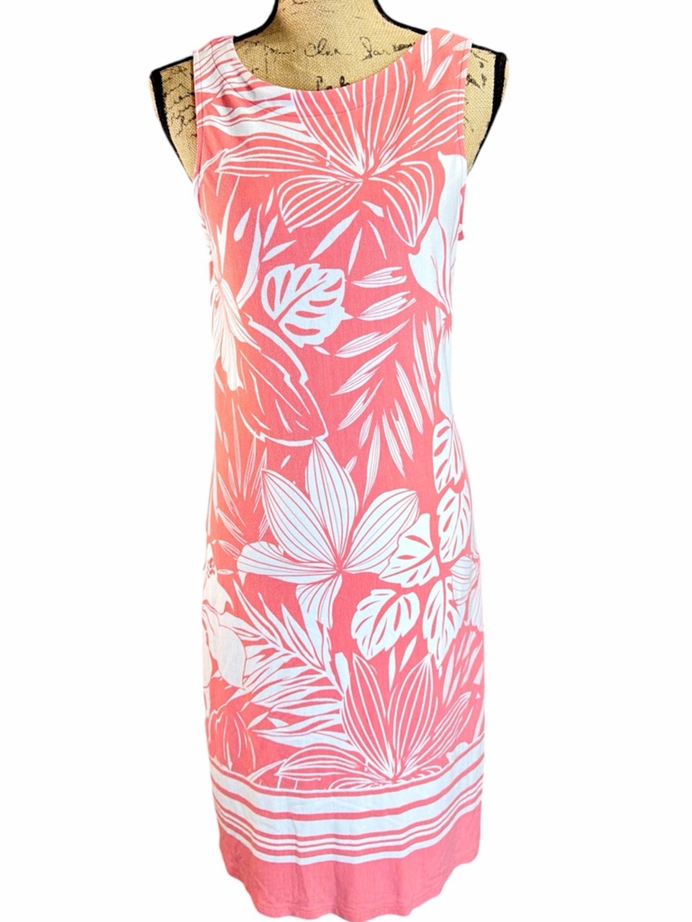 Tommy Bahama Sleeveless Coral/White Tropical Shift Dress. EC. Size large